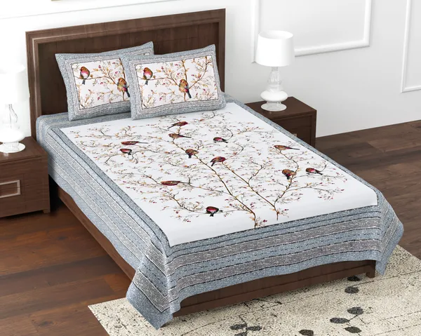 Grey_Cotton_Avian_Harmony_Double_Bedsheet_With_Pillow_Cover_70X100_Cm